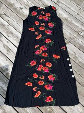 La Cera black + pink floral print sleeveless midi dress